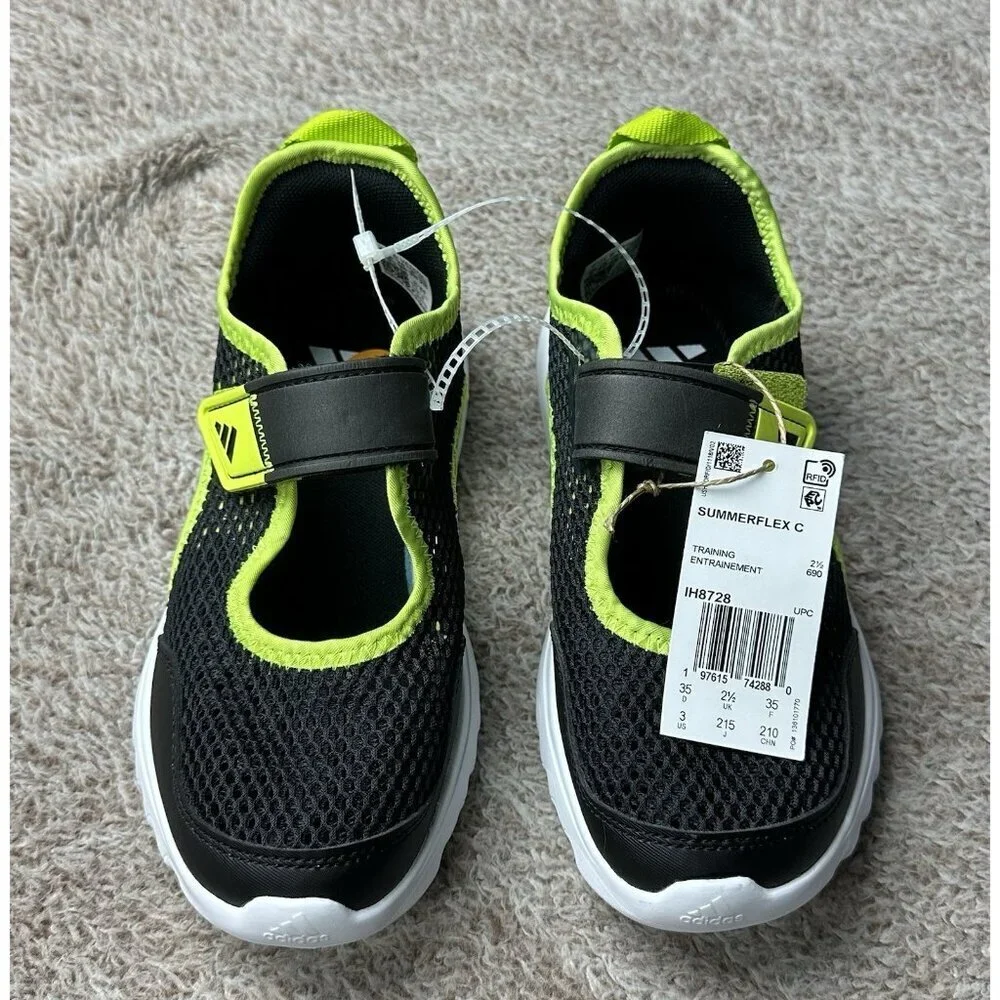 Adidas Summerflex C Kids Training Shoes Black Neon Yellow Mesh Slip On US 3 NWT